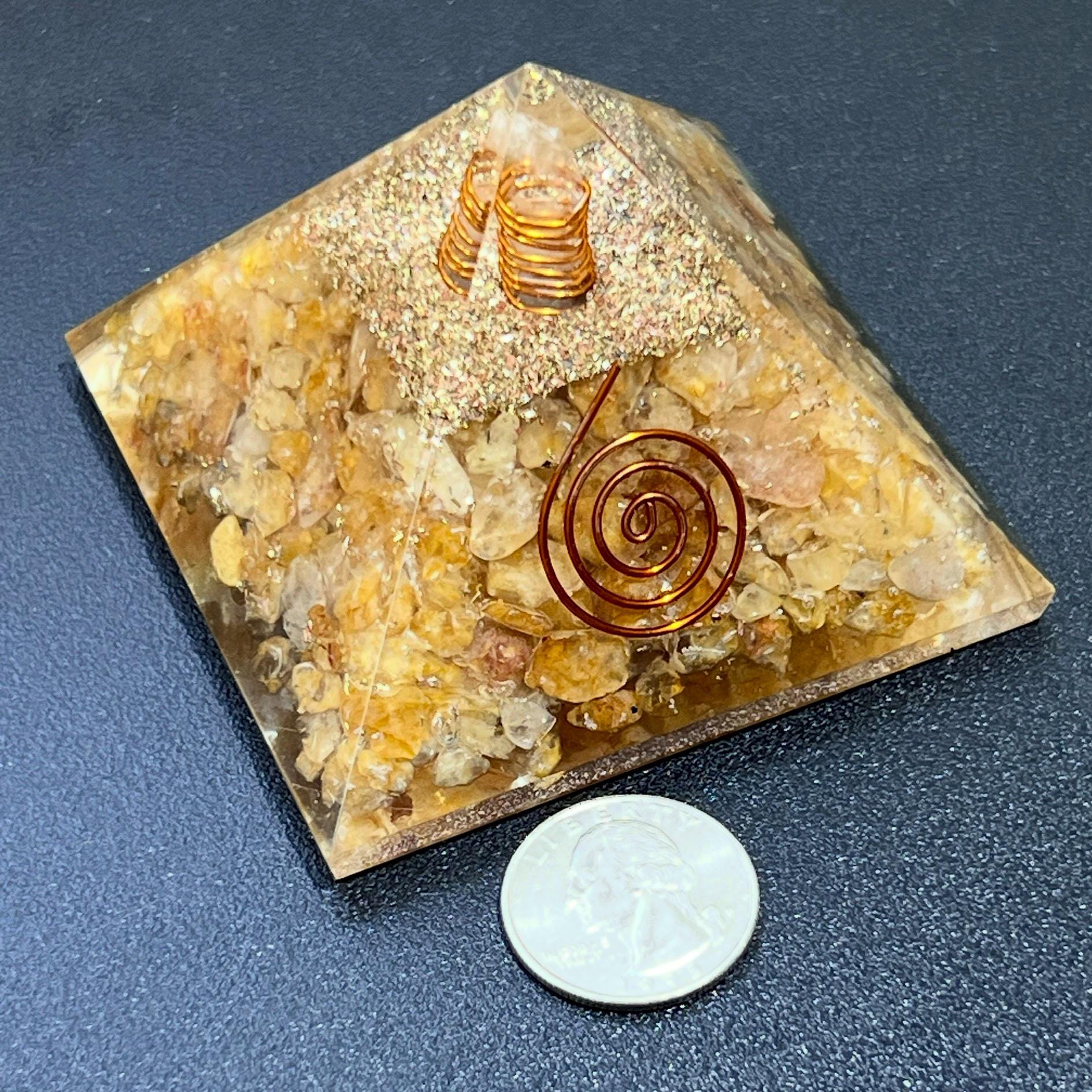 Golden Yellow Quartz Crystal Resin Pyramid Gemstone Decor Carving