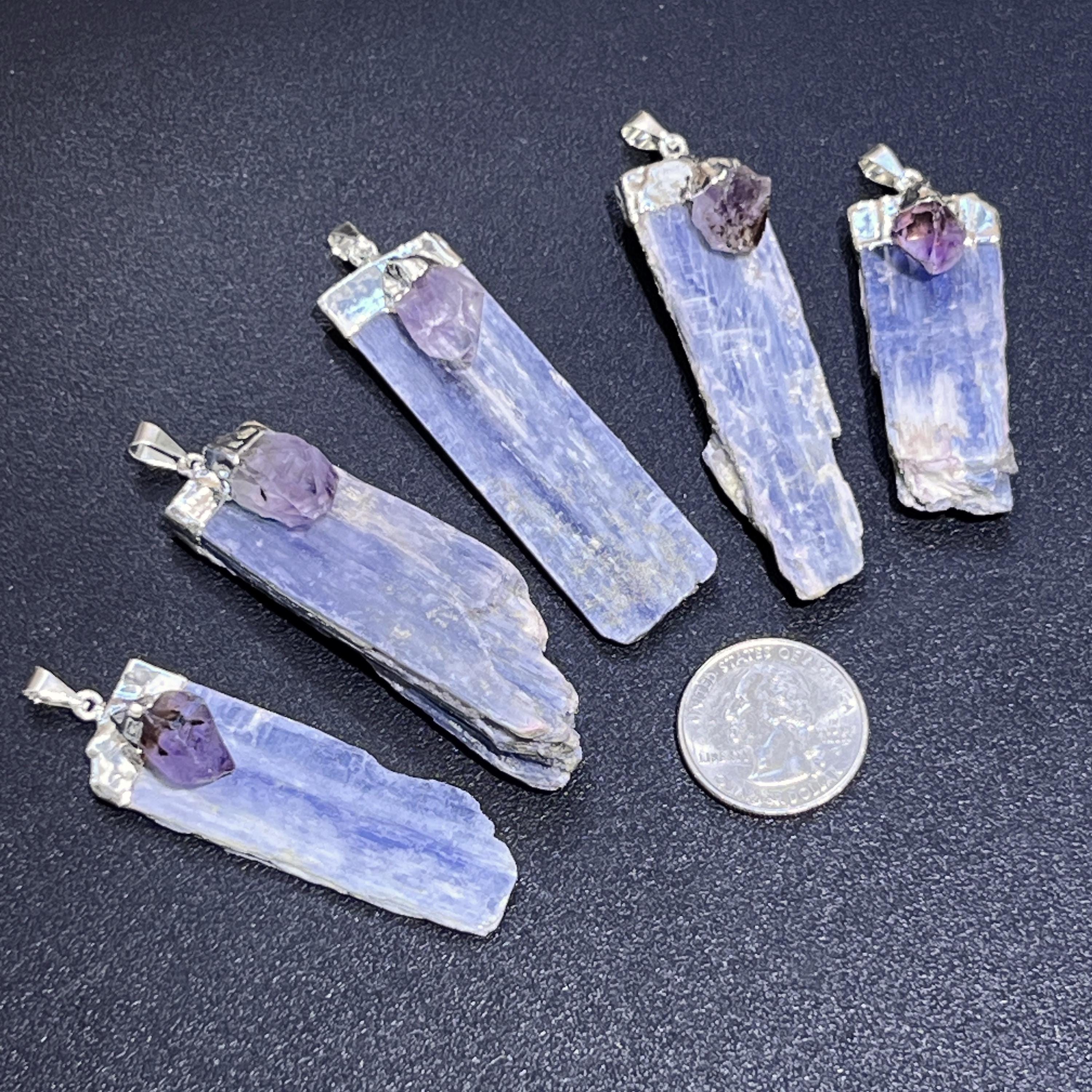 Kyanite Amethyst Crystal Point Pendant (Silver Plated)