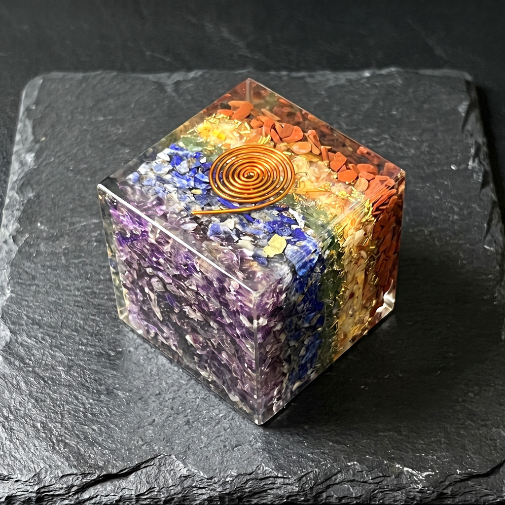 7 Stone Chakra Reiki Balance Crystal Resin Orgone Cube Carving