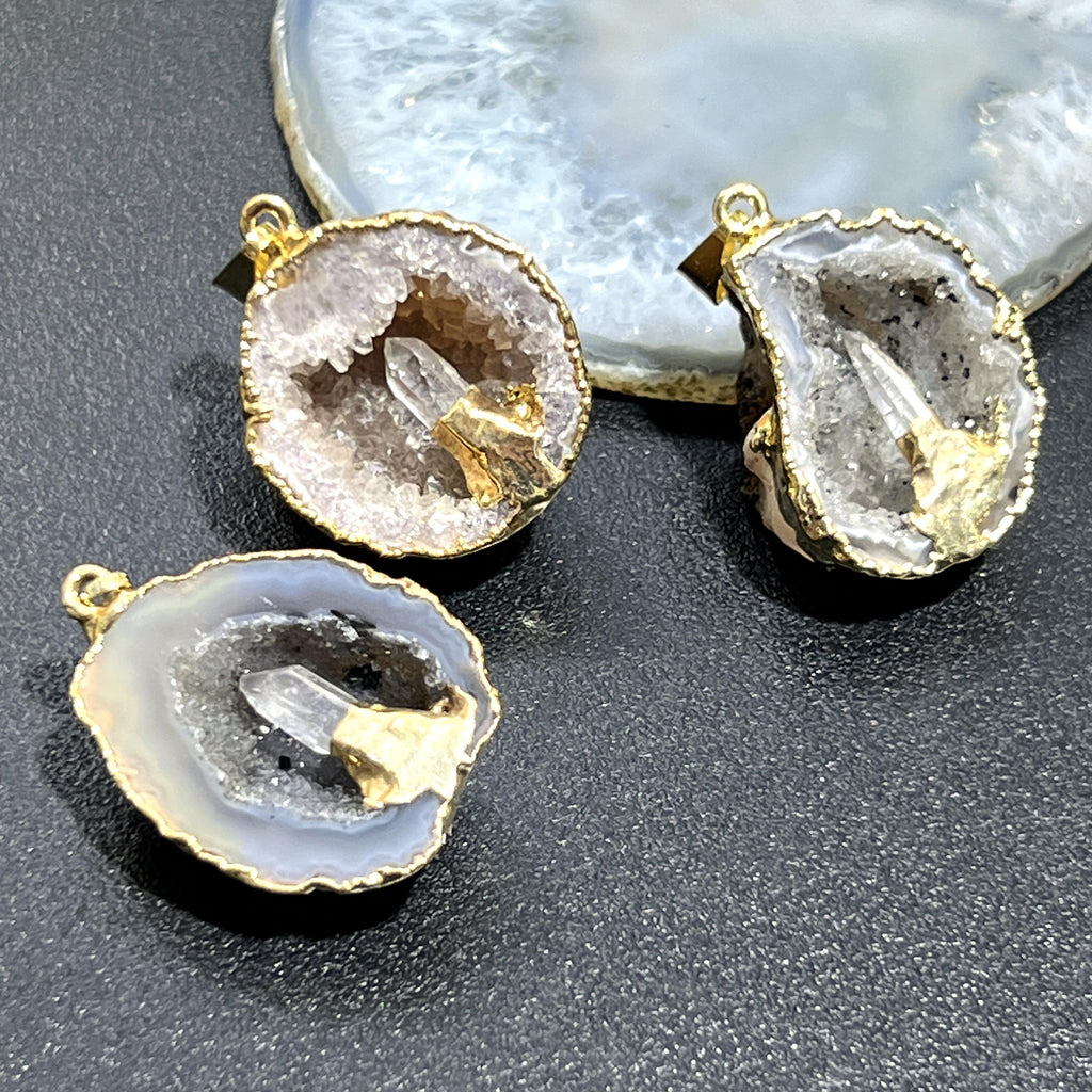 Oco Geode Druzy Crystal Pendant with Quartz Point (Gold Plated)