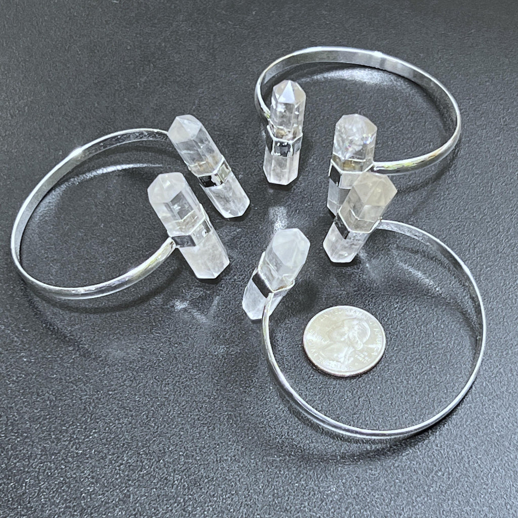 Quartz Crystal Point Adjustable Cuff Bangle Bracelet (Silver Plated)