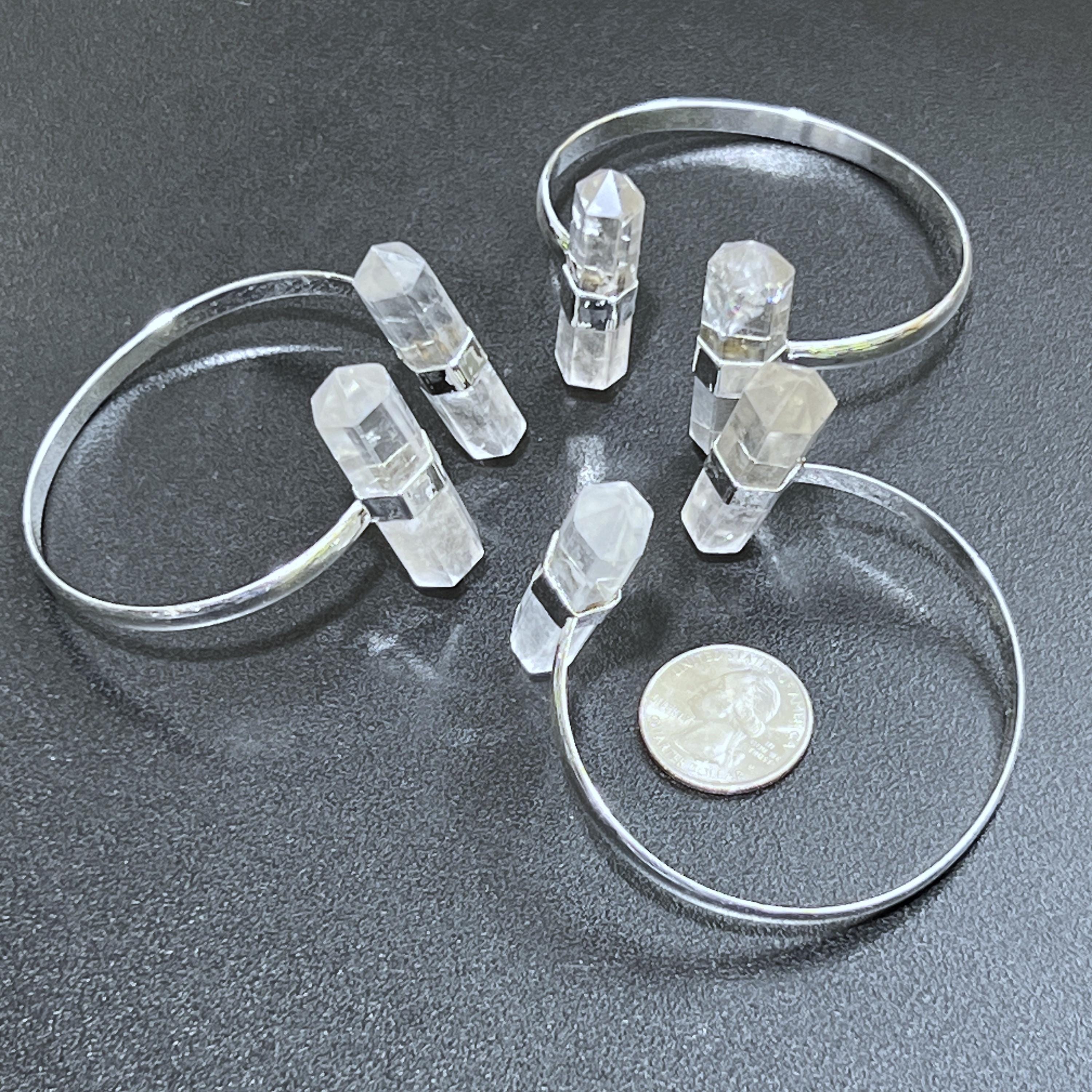 Quartz Crystal Point Adjustable Cuff Bangle Bracelet (Silver Plated)