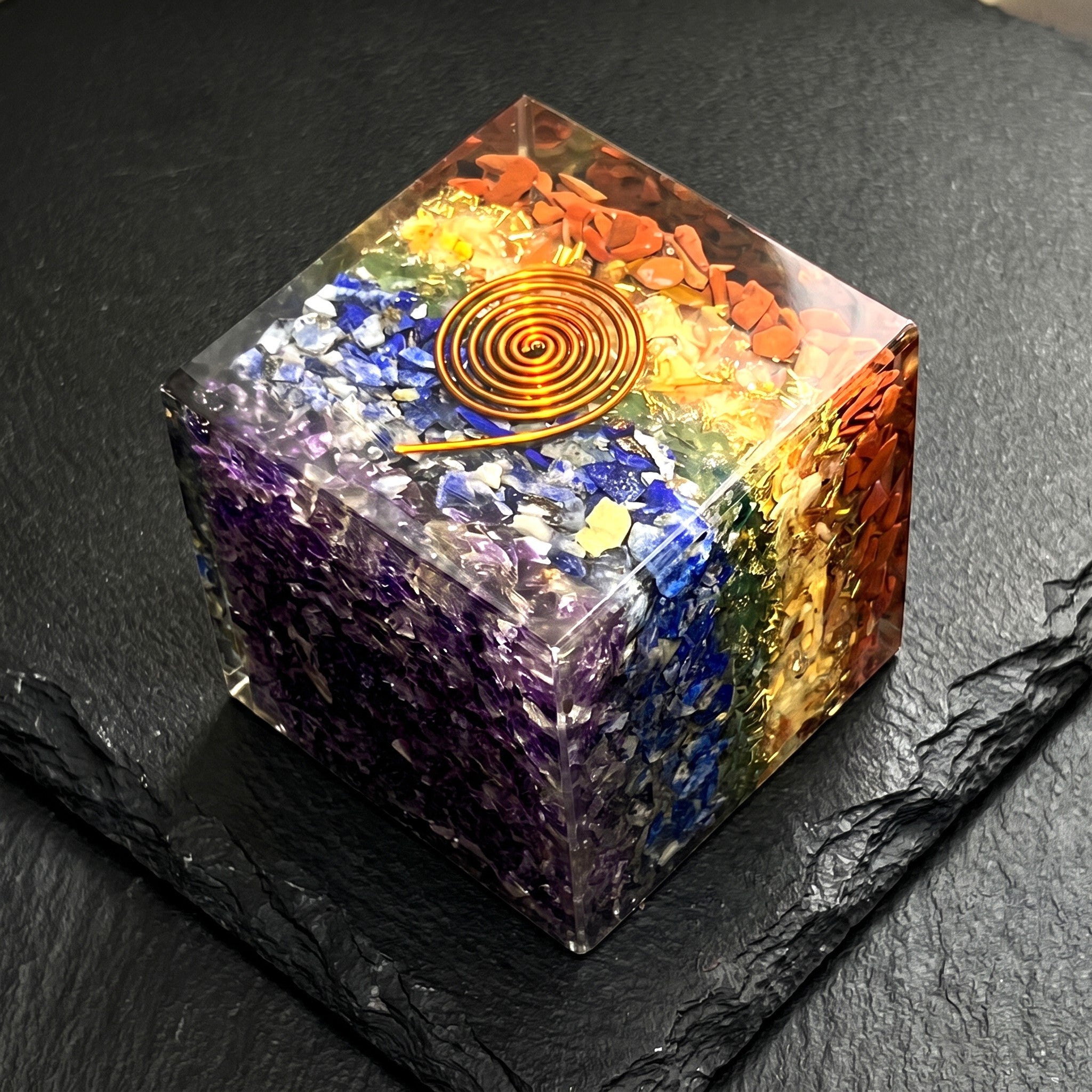 7 Stone Chakra Reiki Balance Crystal Resin Orgone Cube Carving