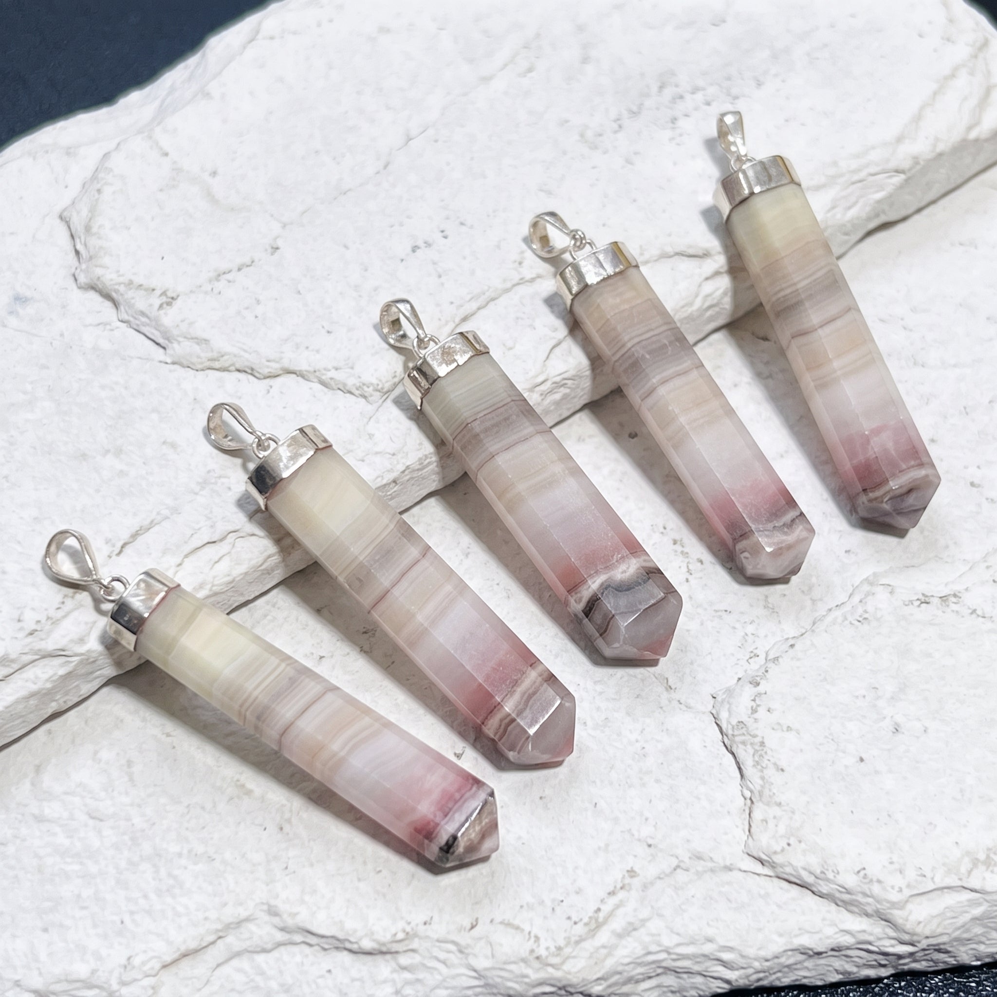 Pink Banded Calcite Crystal Point Pendant (925 Sterling Silver)