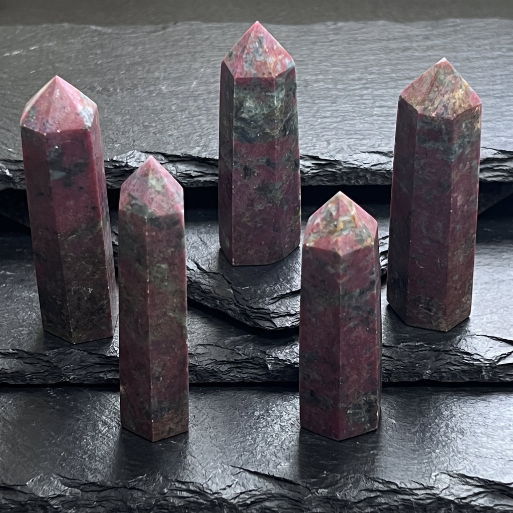 Red Ruby With Fuchsite Crystal Standing Tower Obelisk Point (UV Reactive) Carving