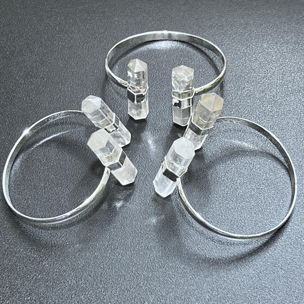 Quartz Crystal Point Adjustable Cuff Bangle Bracelet (Silver Plated)