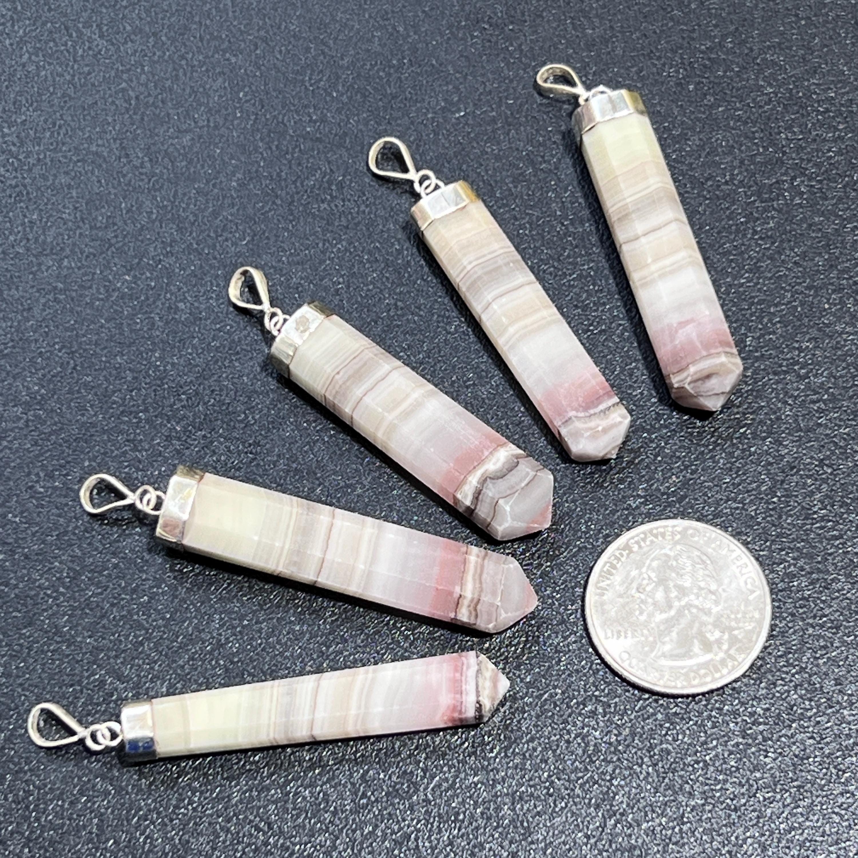 Pink Banded Calcite Crystal Point Pendant (925 Sterling Silver)