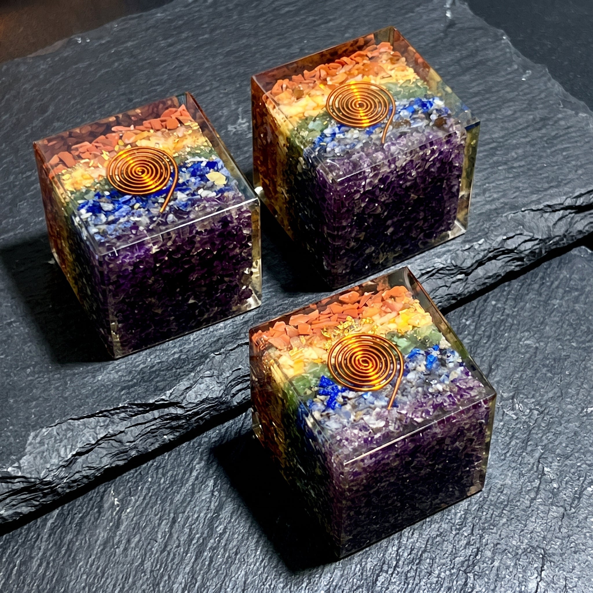 7 Stone Chakra Reiki Balance Crystal Resin Orgone Cube Carving