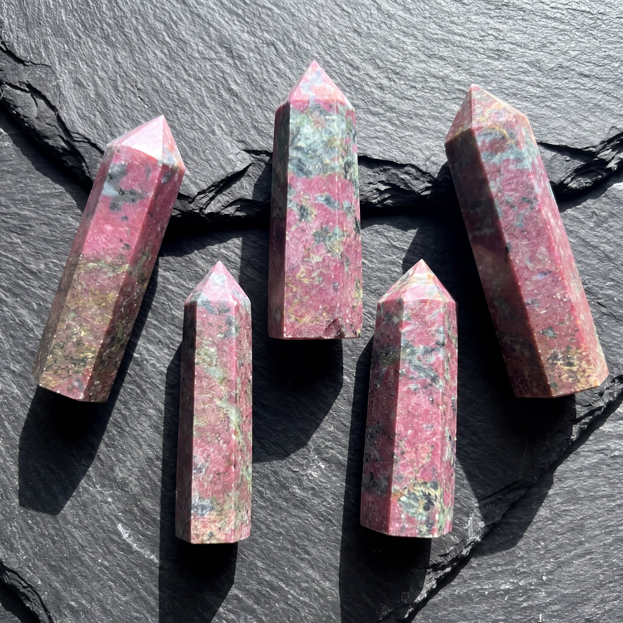 Red Ruby With Fuchsite Crystal Standing Tower Obelisk Point (UV Reactive) Carving