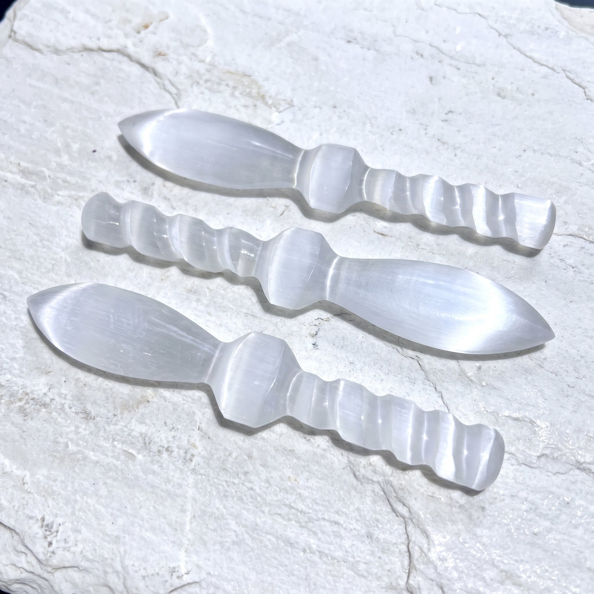 Selenite Satin Spar Crystal Decorative Knife Sword Dagger Spiral (7-8 Inches) Carving