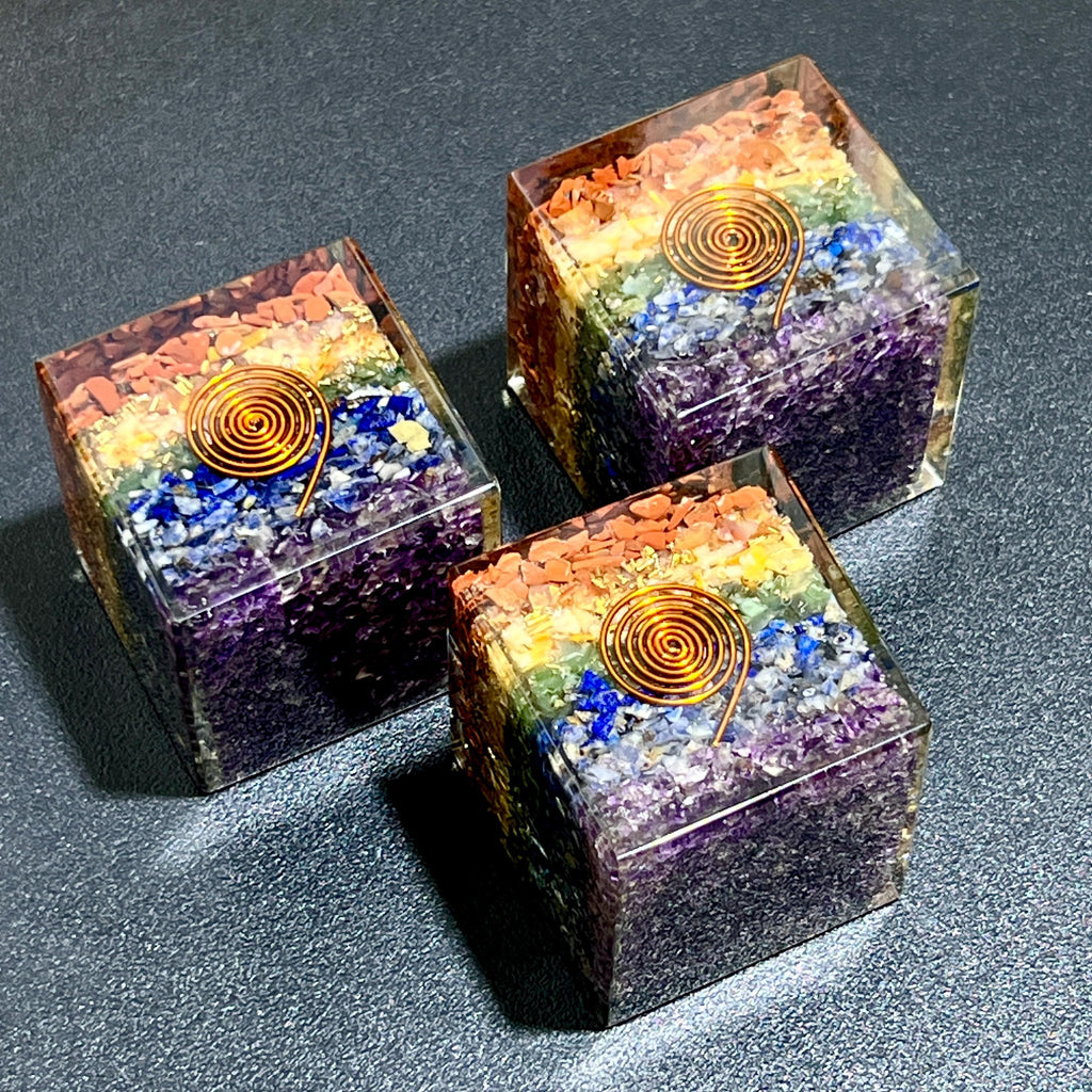 7 Stone Chakra Reiki Balance Crystal Resin Orgone Cube Carving