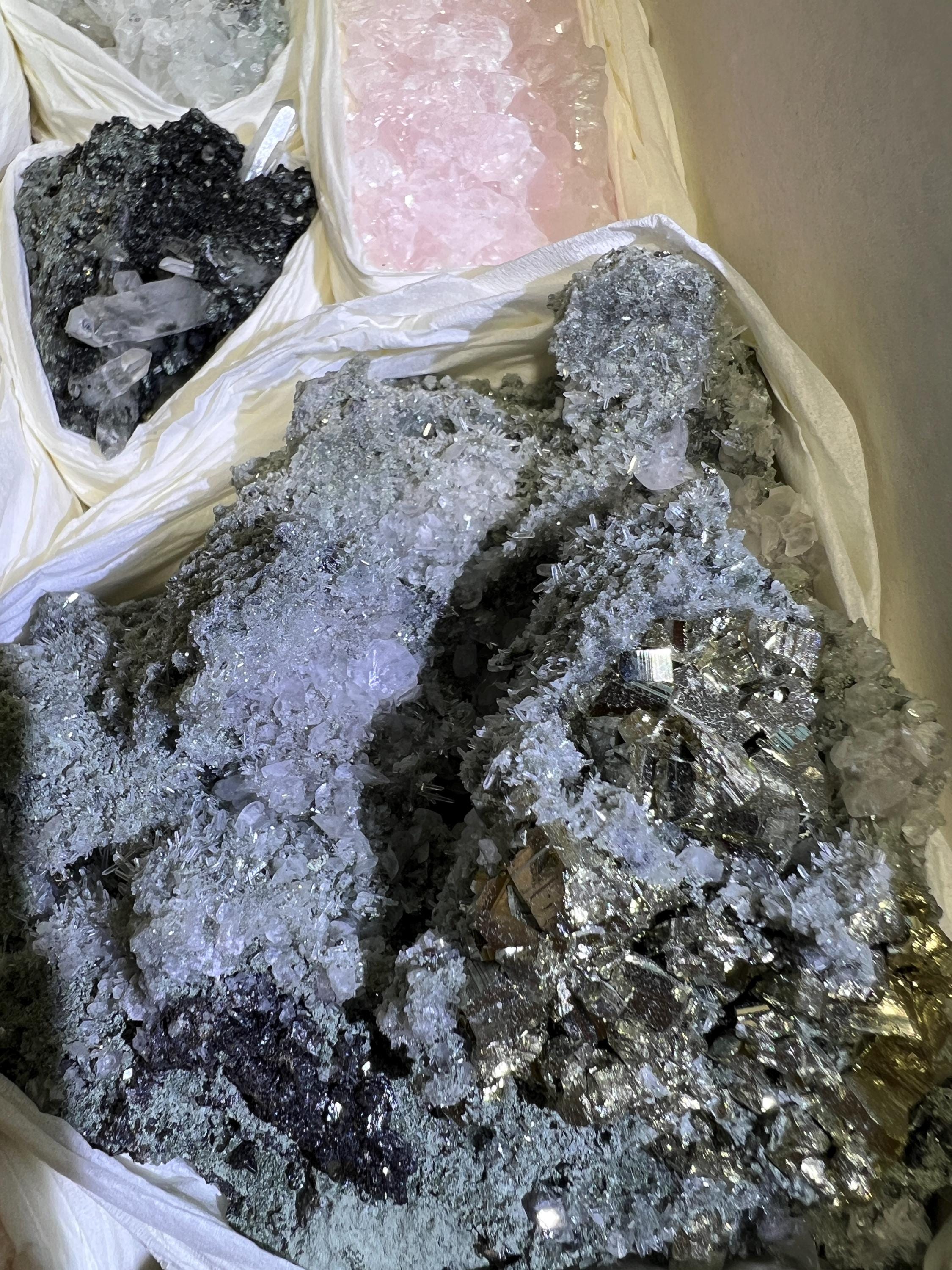 Bulgarian Minerals Crystal Mixed Collection (Large 15.5x10.5 Inch Flat) Pyrite Sphalerite Galena Quartz Pink Mangano Calcite Wholesale Bulk Lot