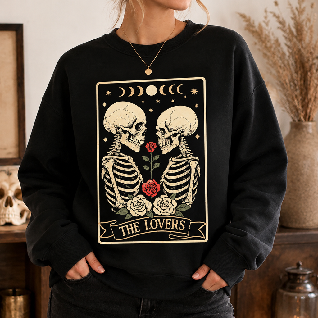 Skeleton The Lovers Sweatshirt, Tarot Card Gothic Moon Phases Rose Sweater
