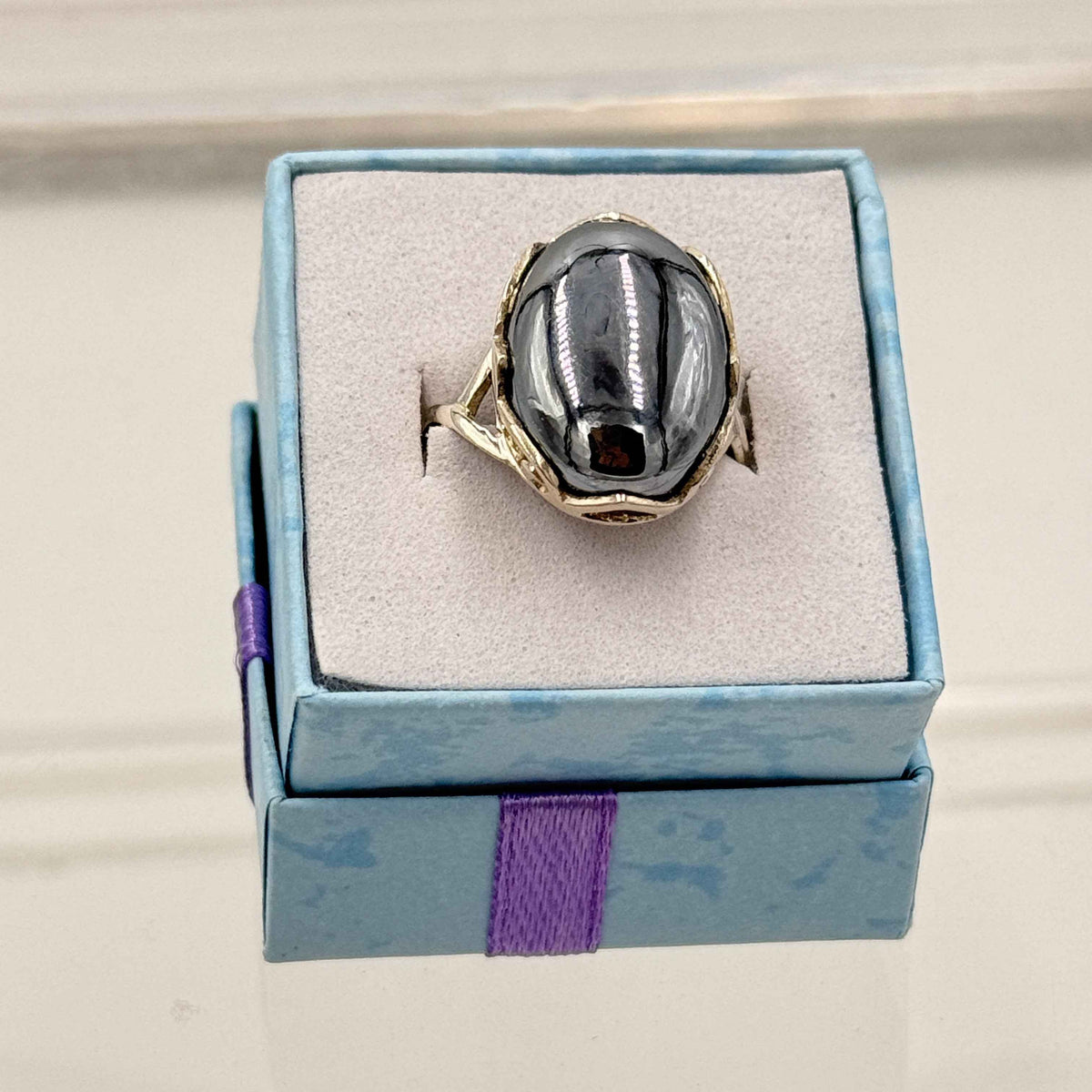 Sterling Silver Cross Banded Terahertz Ring - Size 9 - Healing, Energizing & Cleansing