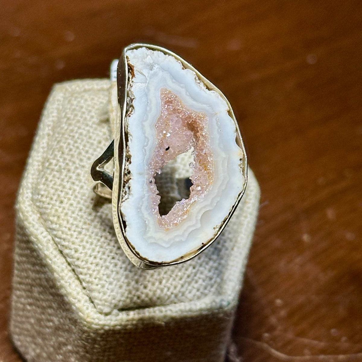 Pink Agate Geode Slice Ring – Sterling Silver – Size 10
