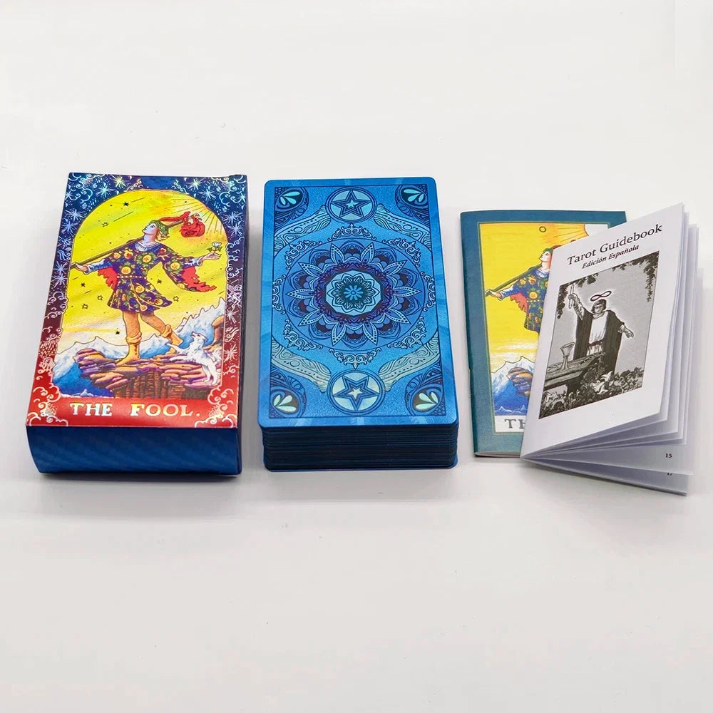 Spanish Tarot Laser Gold Foil Divination Cards for Beginners 12x7cm Fortune Telling Deck with Bilanguage Guide Book