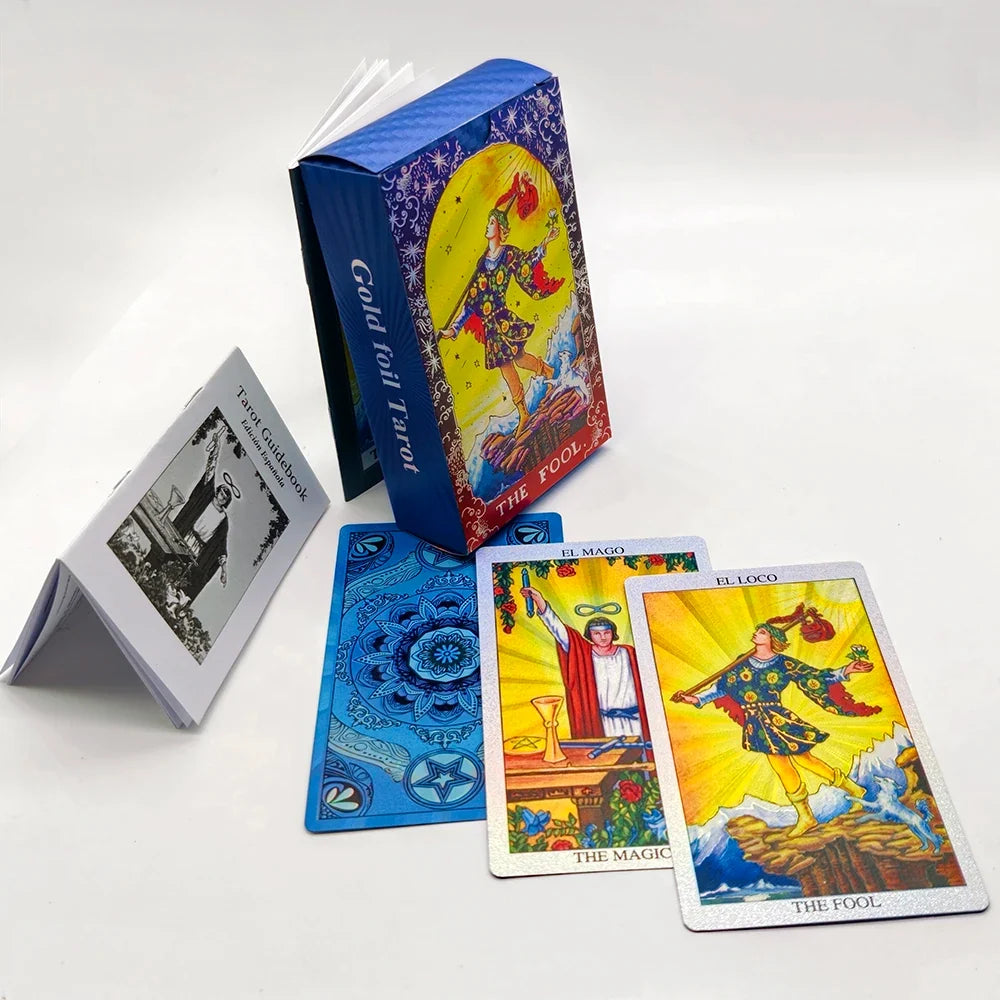 Spanish Tarot Laser Gold Foil Divination Cards for Beginners 12x7cm Fortune Telling Deck with Bilanguage Guide Book