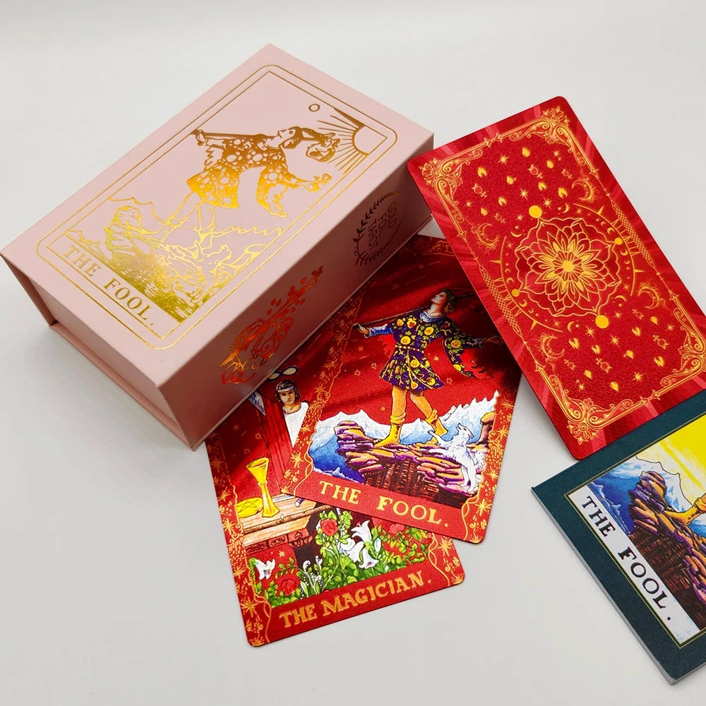 English Golden Red Tarot Cards for Work with Guide Book Prophecy Oracle Divination Deck Fortune Telling Classic 78-cards 12x7cm