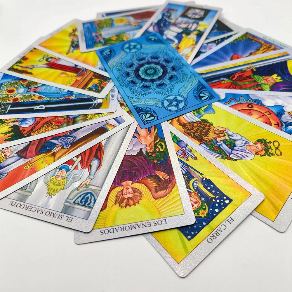 Spanish Tarot Laser Gold Foil Divination Cards for Beginners 12x7cm Fortune Telling Deck with Bilanguage Guide Book