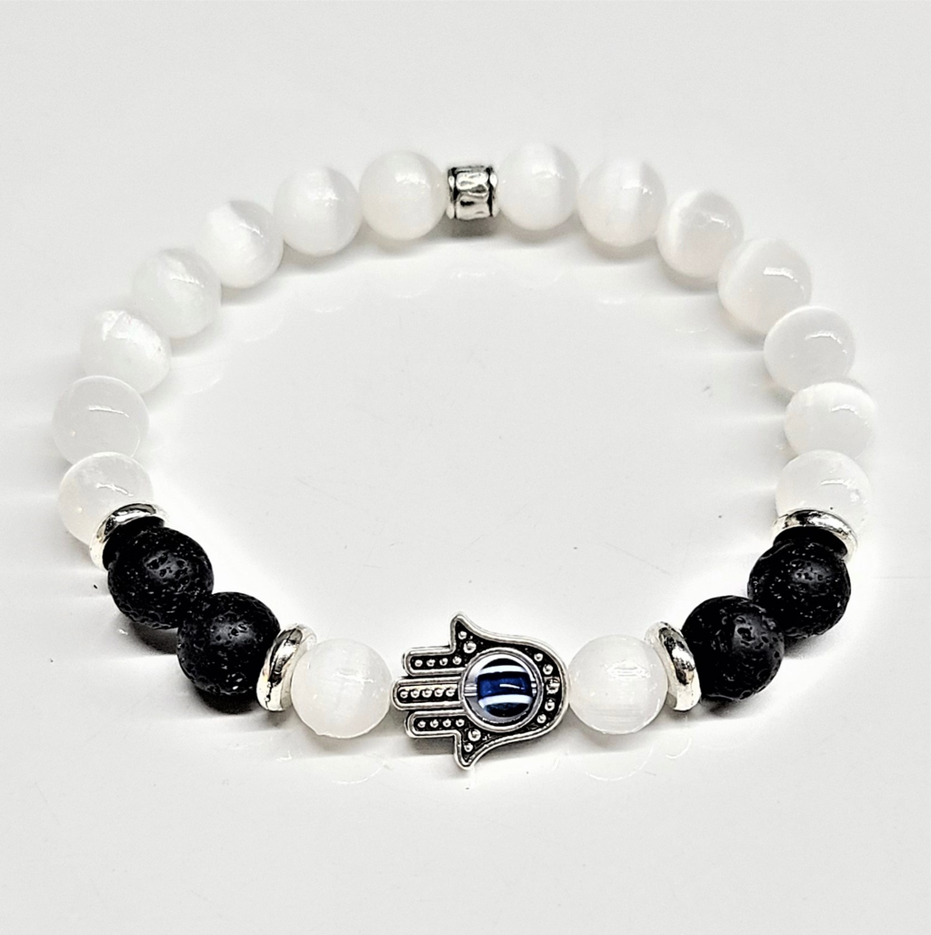 Selenite Lava Hamsa Round Bead Bracelet 8mm - Grounded Clarity
