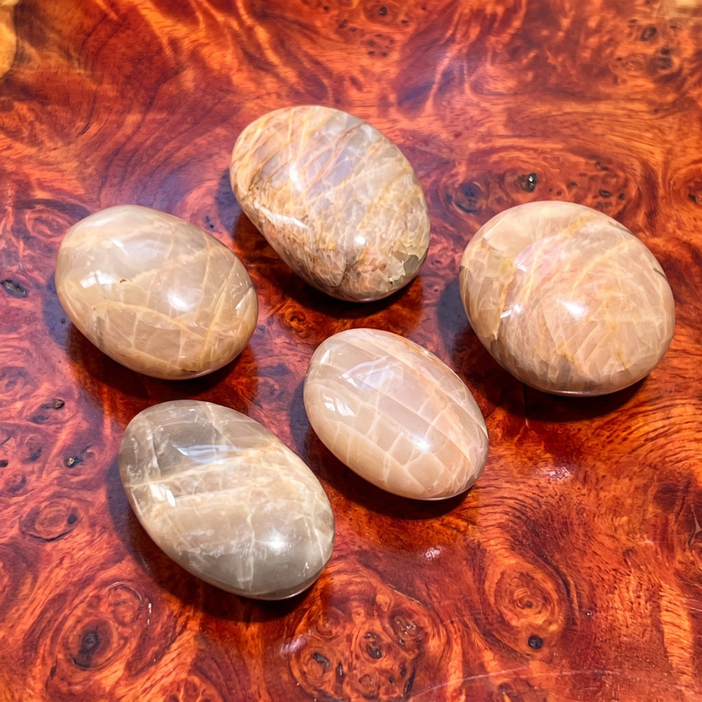 Peach Moonstone Flashy Palm Stone Carving