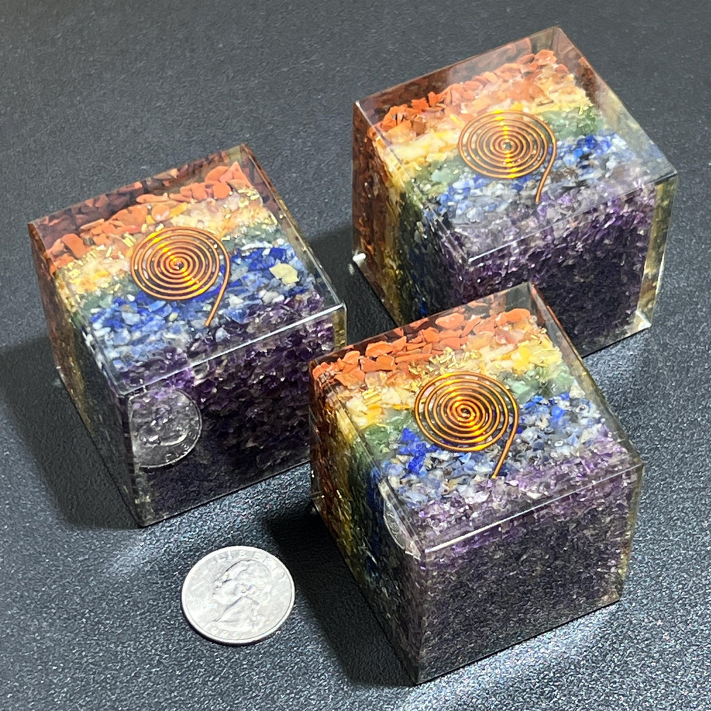 7 Stone Chakra Reiki Balance Crystal Resin Orgone Cube Carving