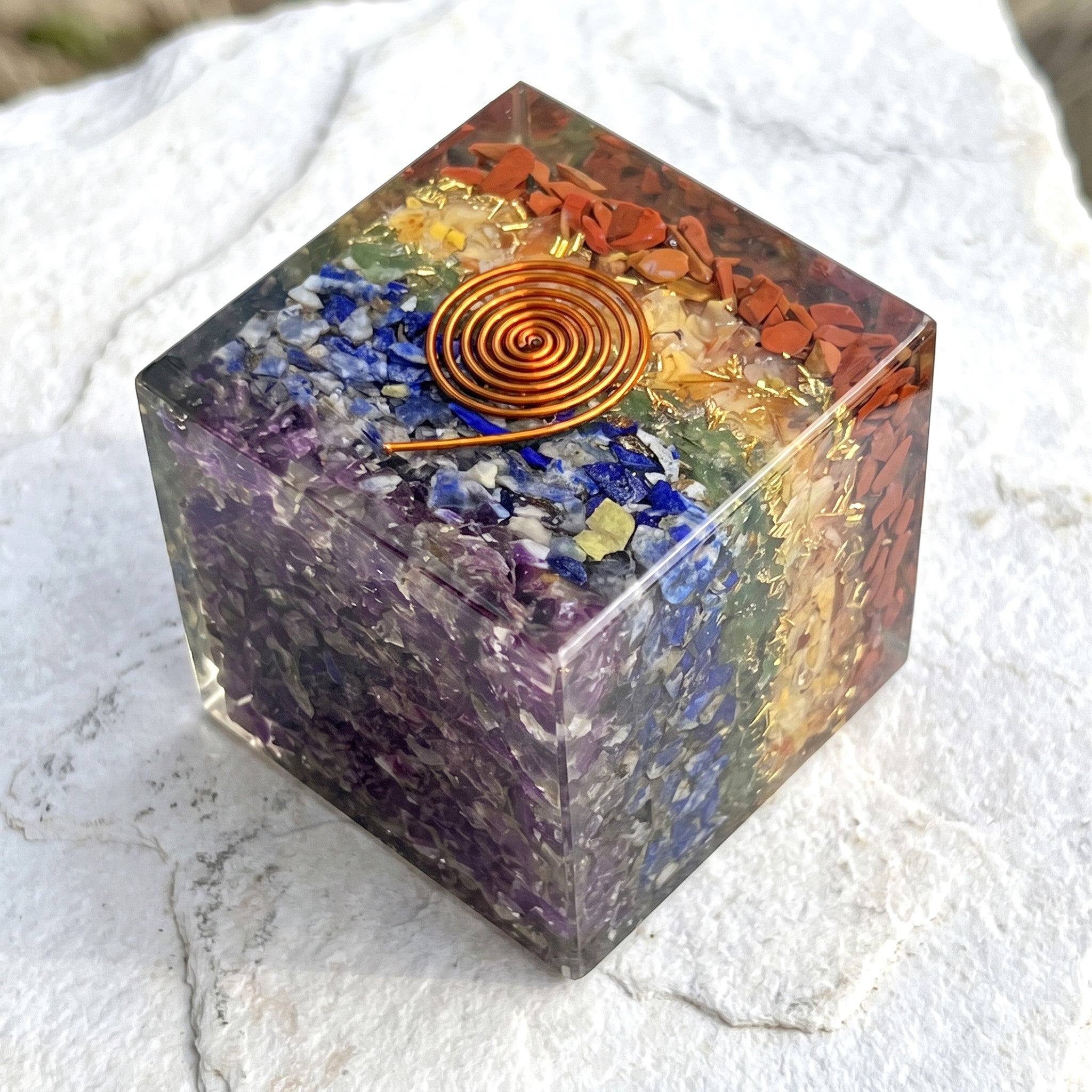 7 Stone Chakra Reiki Balance Crystal Resin Orgone Cube Carving