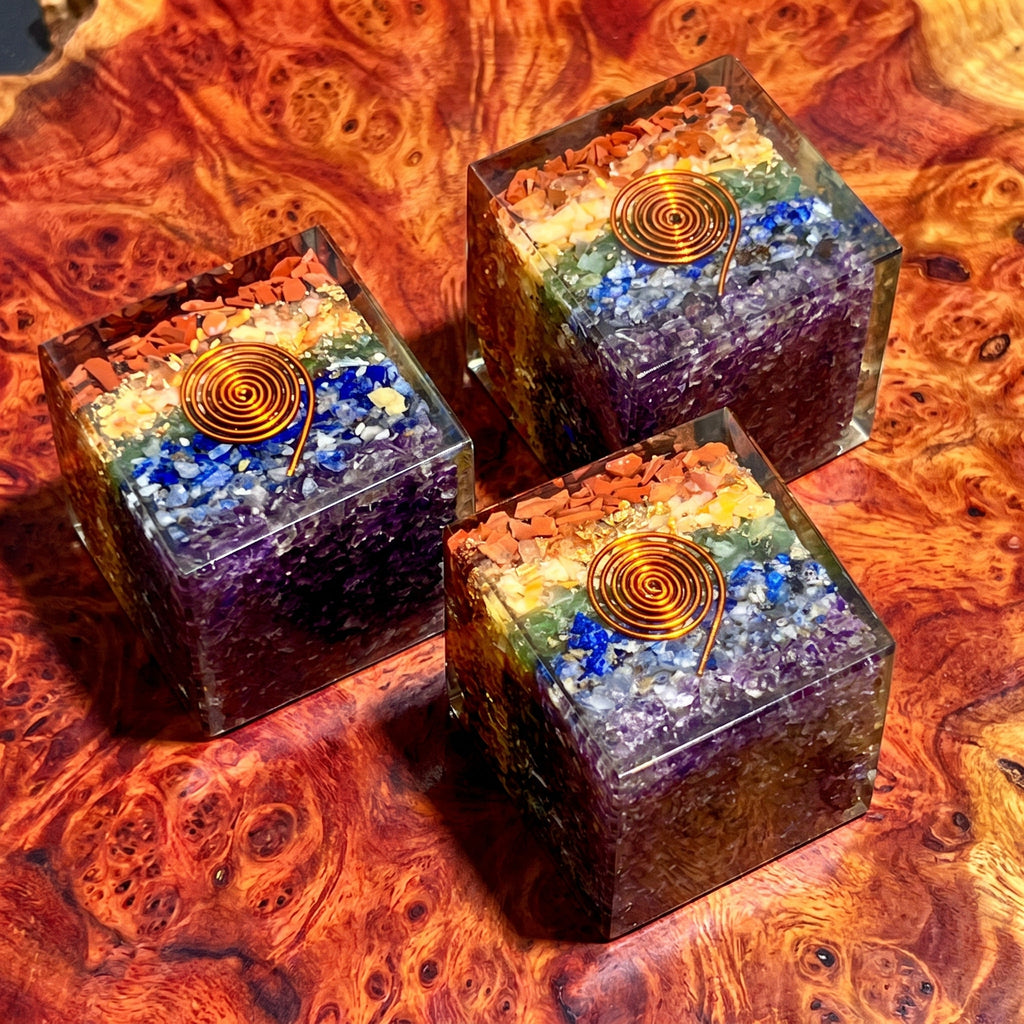 7 Stone Chakra Reiki Balance Crystal Resin Orgone Cube Carving