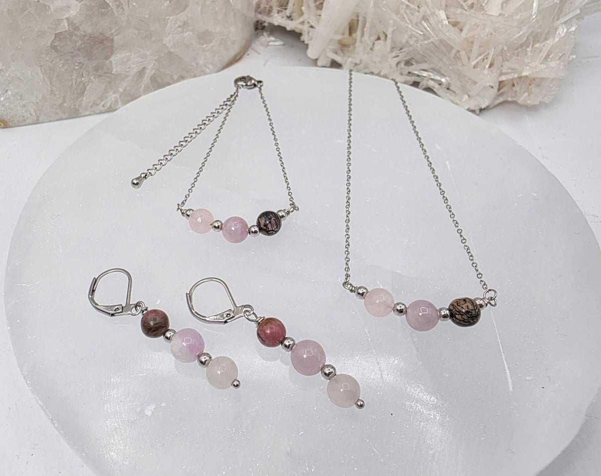 I AM ENOUGH -Kunzite, Rose Quartz, Rhodonite Gem Jewelry Set