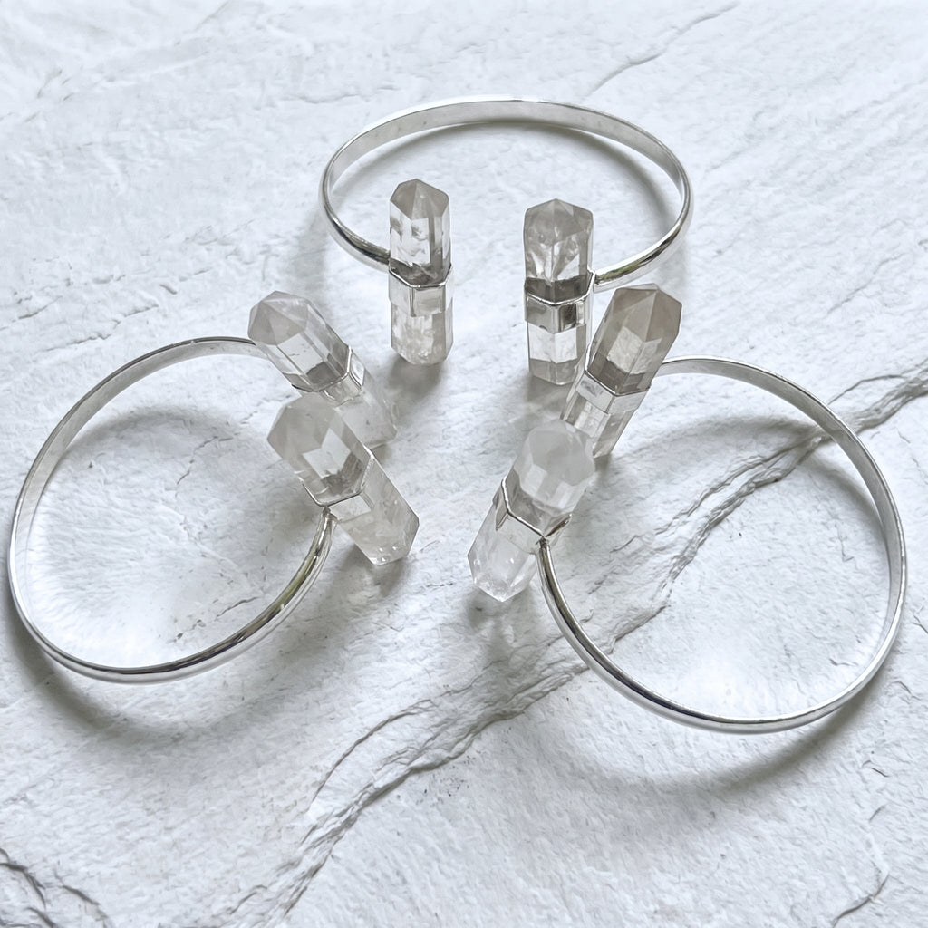 Quartz Crystal Point Adjustable Cuff Bangle Bracelet (Silver Plated)