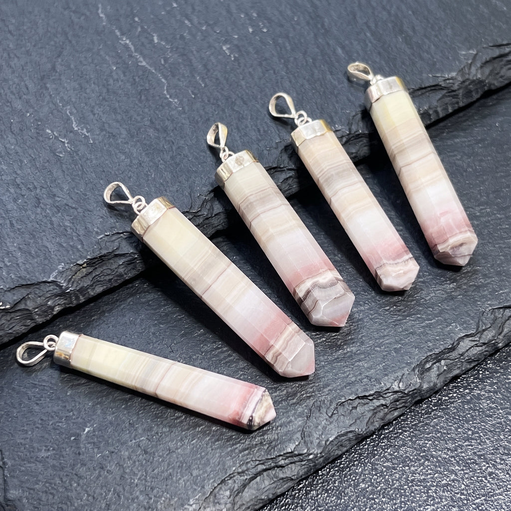 Pink Banded Calcite Crystal Point Pendant (925 Sterling Silver)