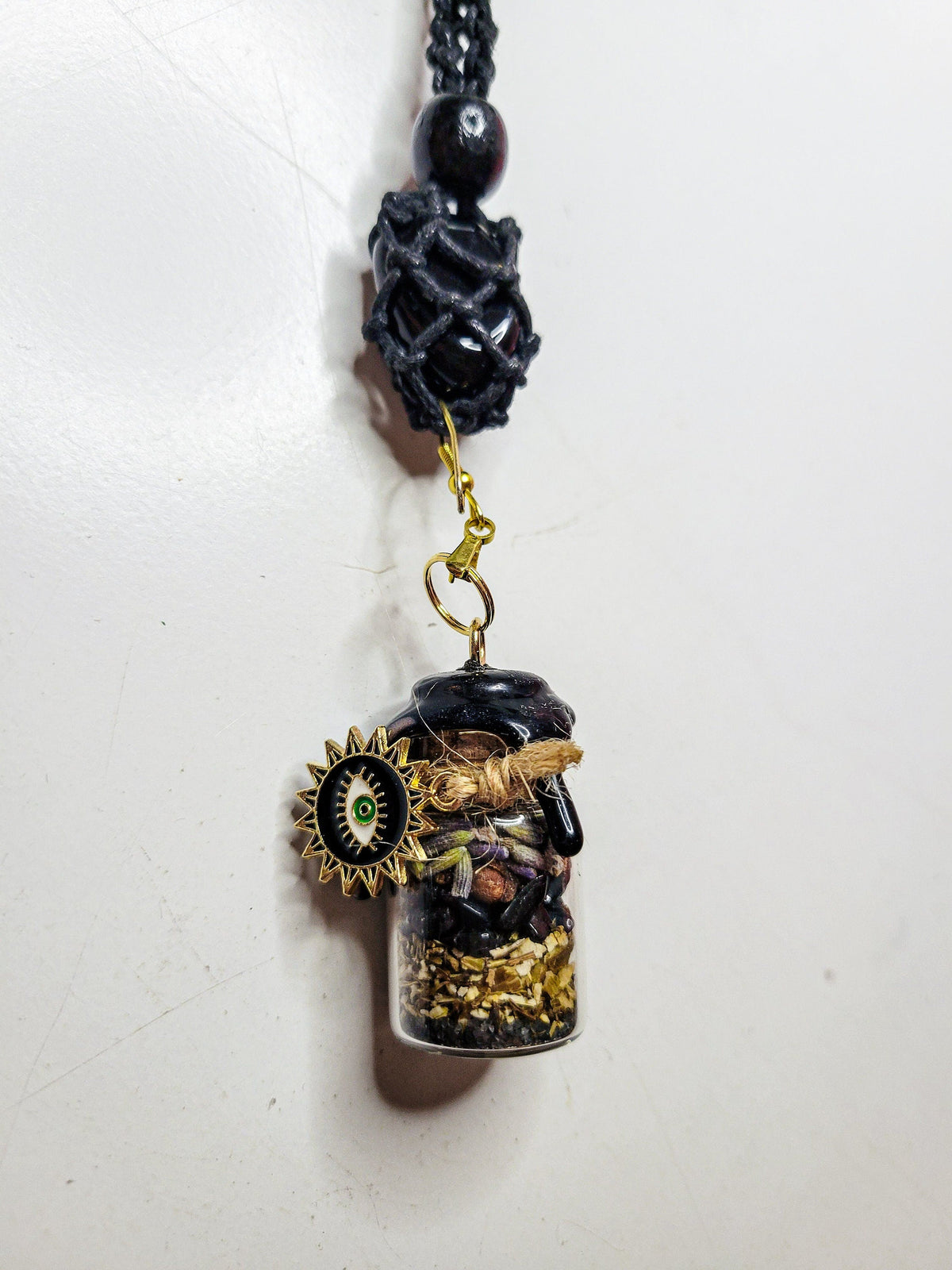 Spell Jar Car Mirror Hanger: Witchy Protection | Black Obsidian, Evil Eye and Safe Travels | Custom Gift