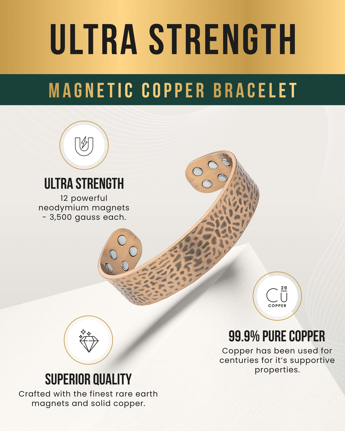 Mega Strength Magnetic Therapy Bracelet Wide Hammered Copper Cuff